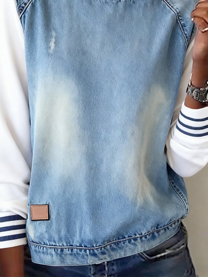 Women'S Casual Round Neck Denim Stitching Pullover Sweatshirt