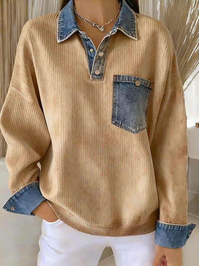 Women'S Solid Color Patchwork Denim Sweatshirt