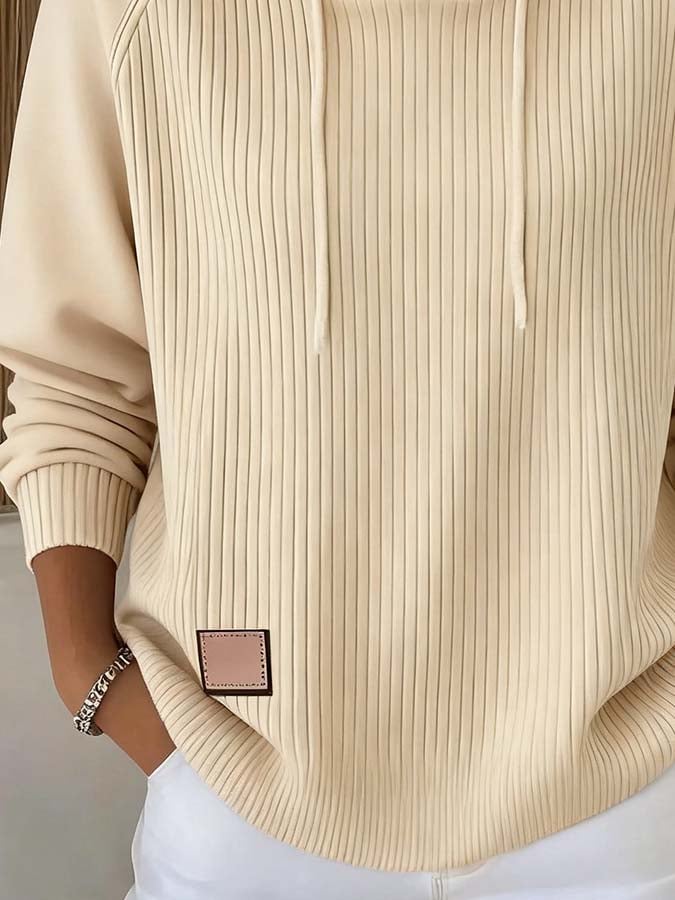 Women'S Casual Pullover Leather Label Hooded Striped Sweatshirt