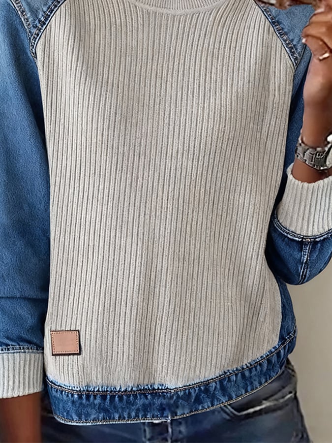 Women'S Casual Round Neck Denim Patchwork Sweatshirt