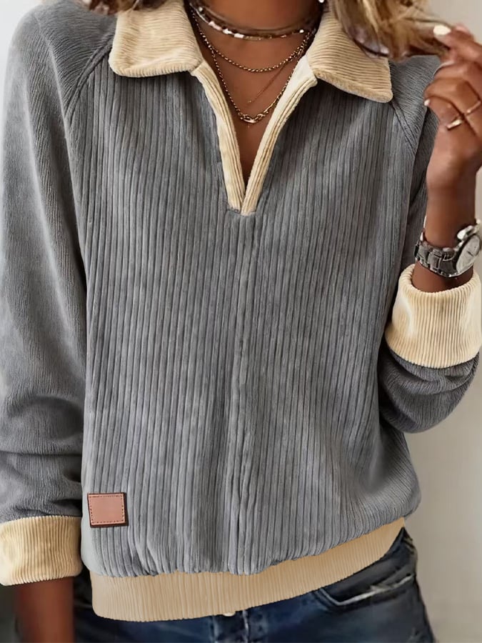 Women'S Lapel Contrast Corduroy Pullover Sweatshirt