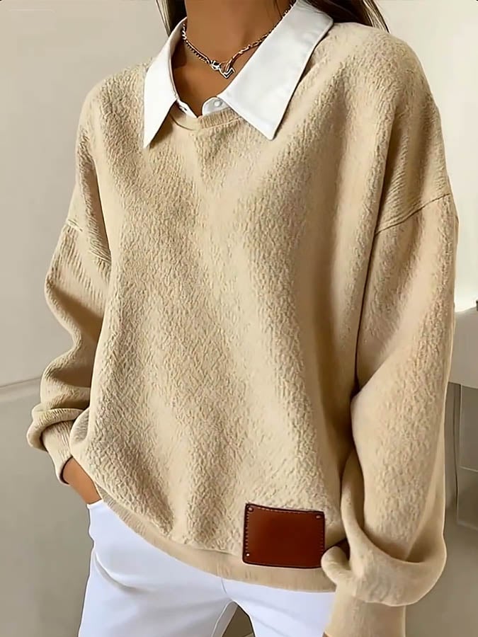 Women'S Solid Color Splicing Fake Two-Piece Sweatshirt