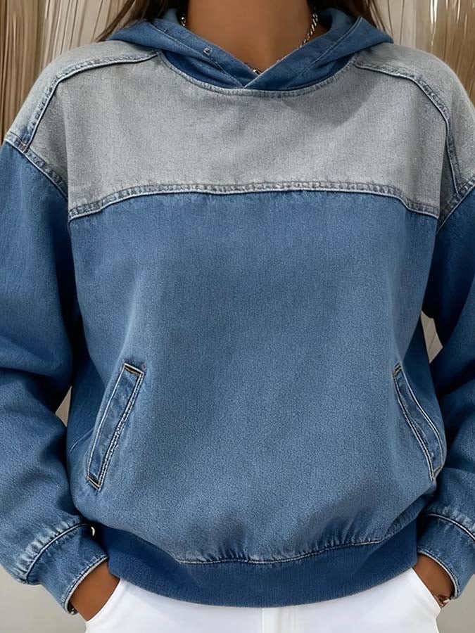 Women'S Casual Pullover Denim Patchwork Hooded Sweatshirt