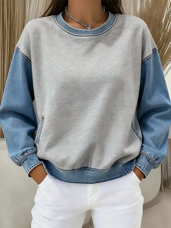 Women'S Casual Pullover Denim Sweatshirt With Pockets