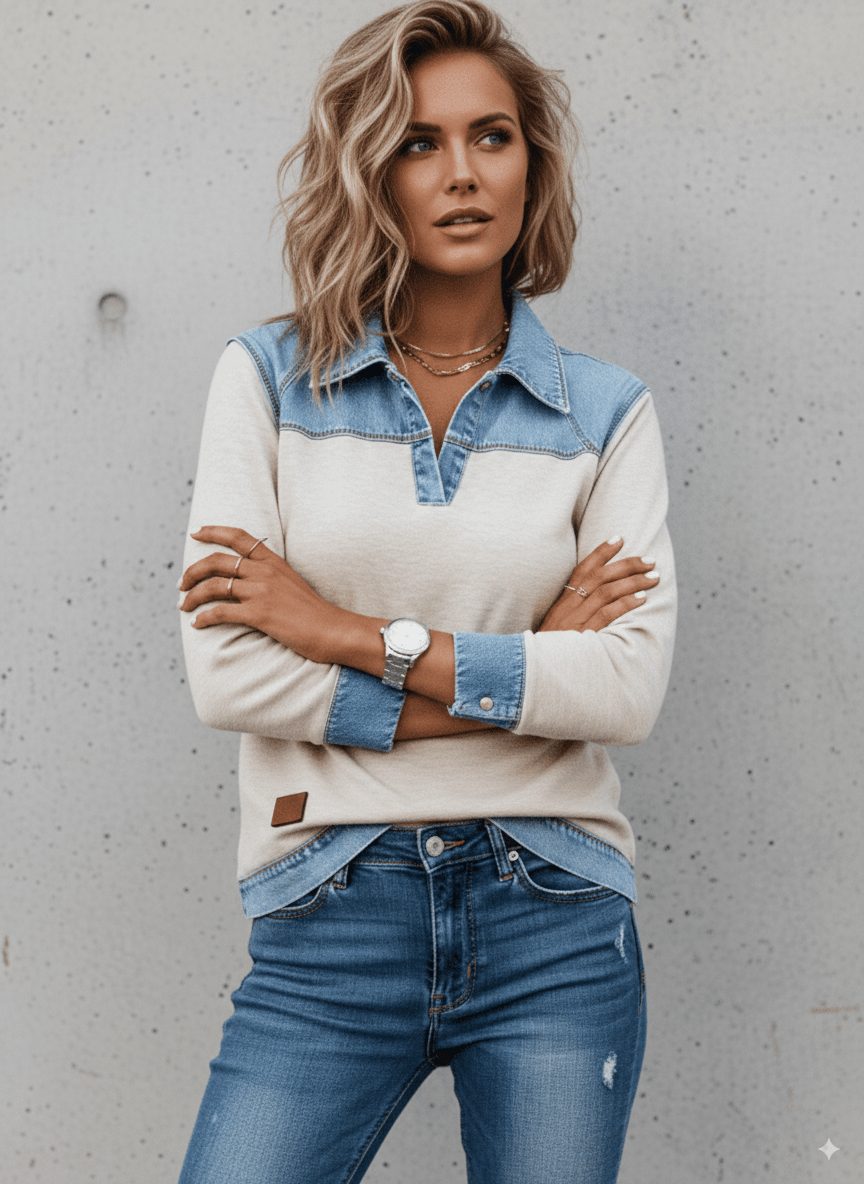 Women'S Casual Lapel Denim Stitching Pullover Sweatshirt