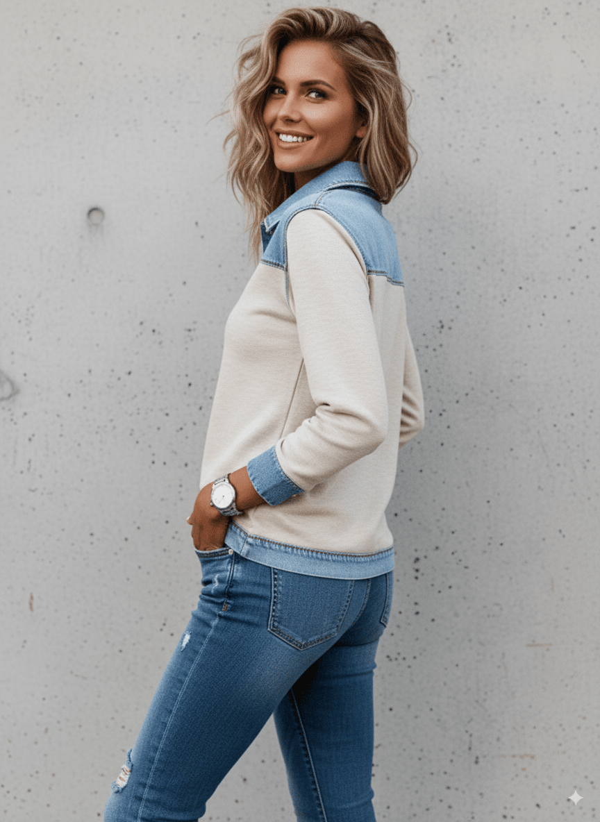 Women'S Casual Lapel Denim Stitching Pullover Sweatshirt