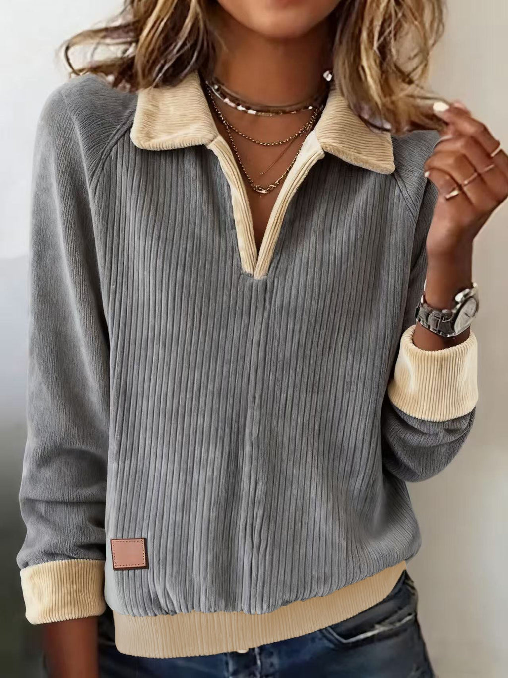 Women'S Lapel Contrast Corduroy Pullover Sweatshirt