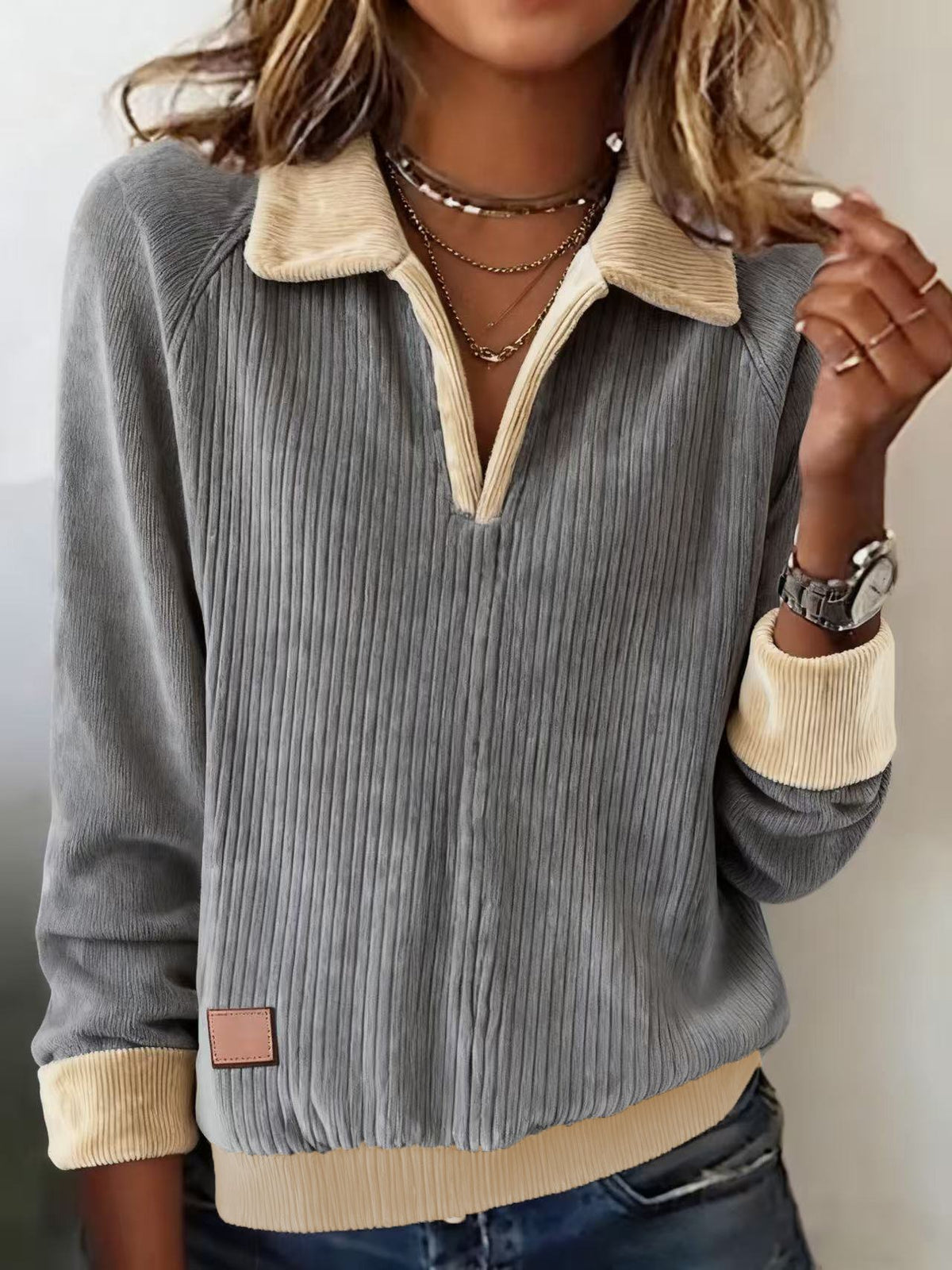 Women'S Lapel Contrast Corduroy Pullover Sweatshirt