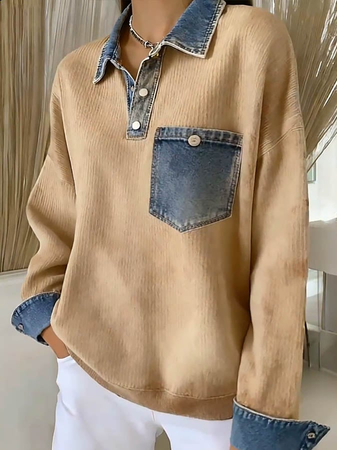 Women'S Solid Color Patchwork Denim Sweatshirt
