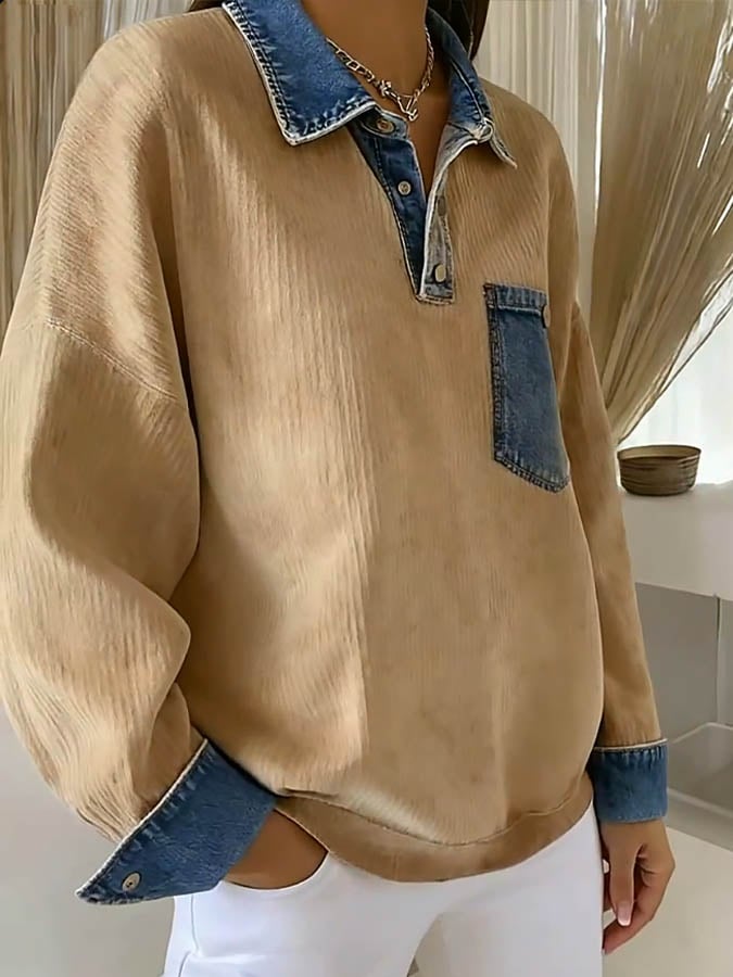Women'S Solid Color Patchwork Denim Sweatshirt