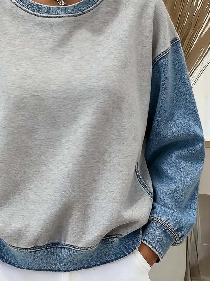 Women'S Casual Pullover Denim Sweatshirt With Pockets