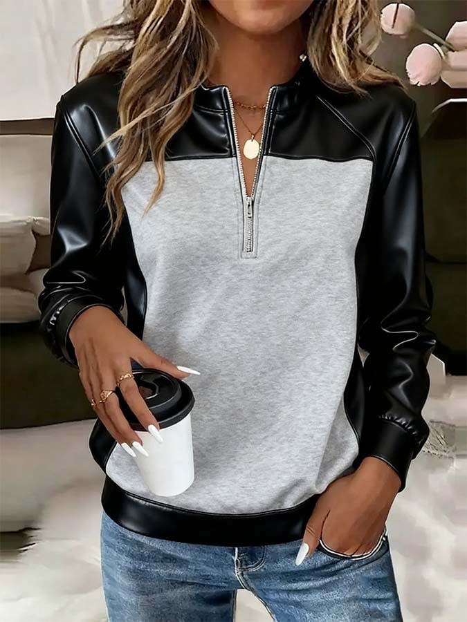 Women'S Casual Pullover Leather Panel Zipper Sweatshirt