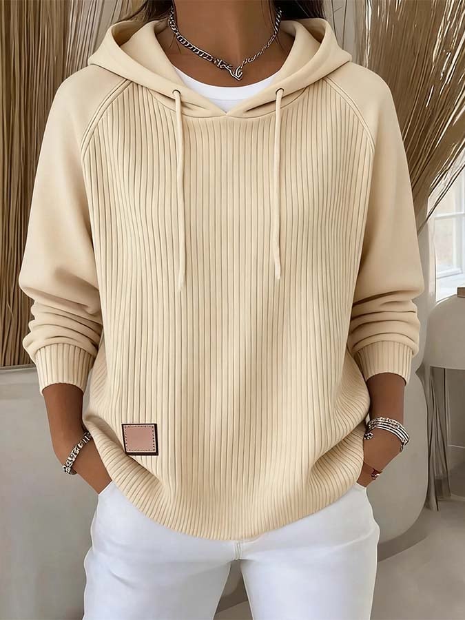 Women'S Casual Pullover Leather Label Hooded Striped Sweatshirt