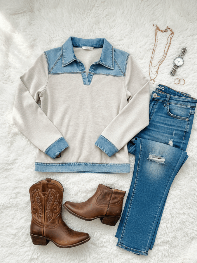 Women'S Casual Lapel Denim Stitching Pullover Sweatshirt