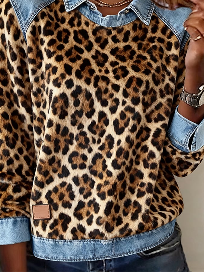 Women'S Lapel Denim And Leopard Print Sweatshirt