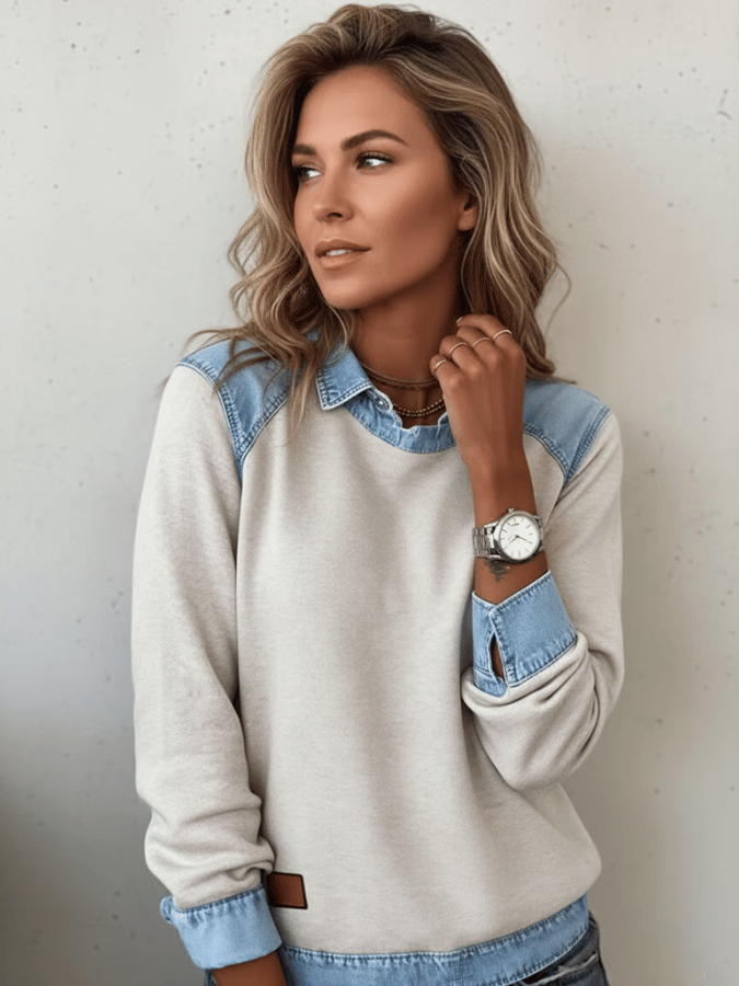 Women'S Casual Lapel Denim Stitching Pullover Sweatshirt