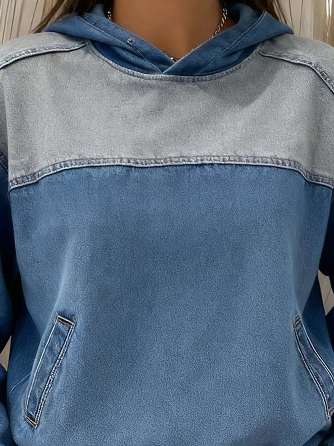 Women'S Casual Pullover Denim Patchwork Hooded Sweatshirt