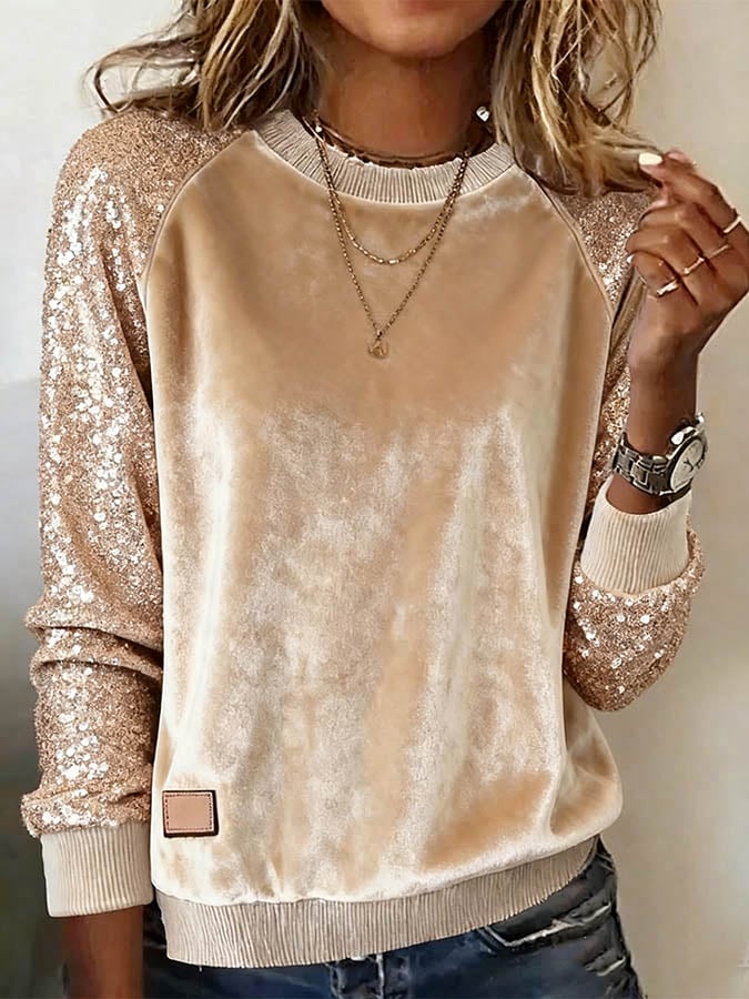 Women'S Solid Color Velvet Stitching Sequined Sweatshirt