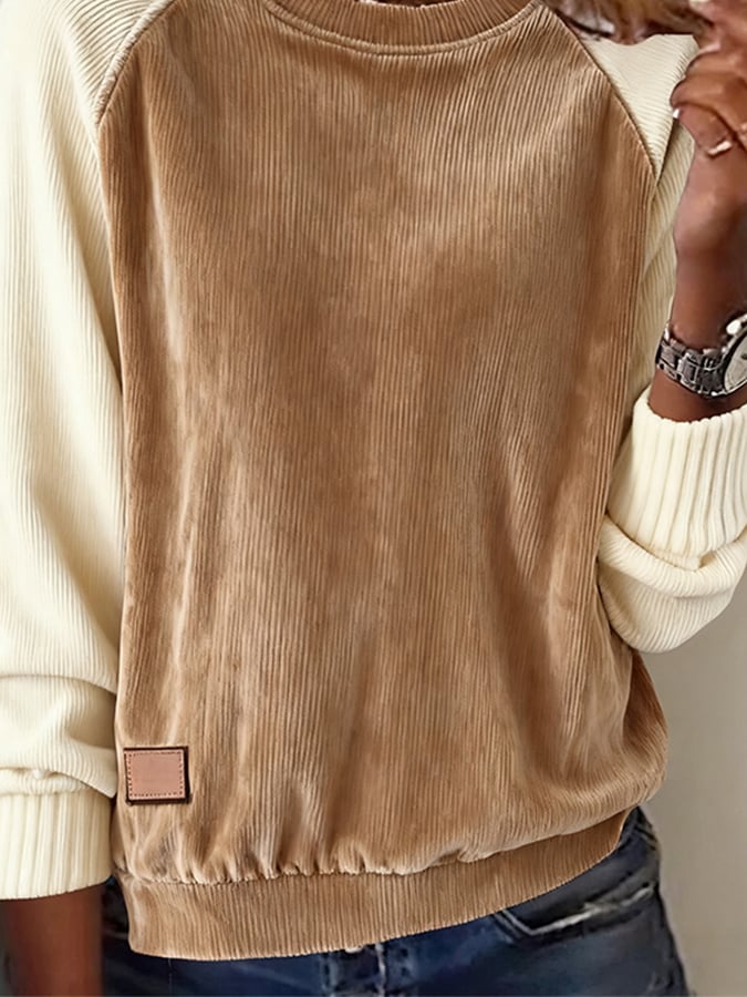 Women'S Round Neck Contrast Color Corduroy Pullover Sweatshirt