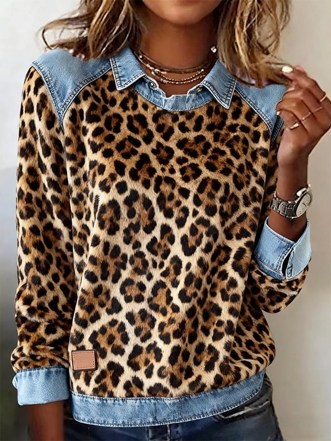 Women'S Lapel Denim And Leopard Print Sweatshirt