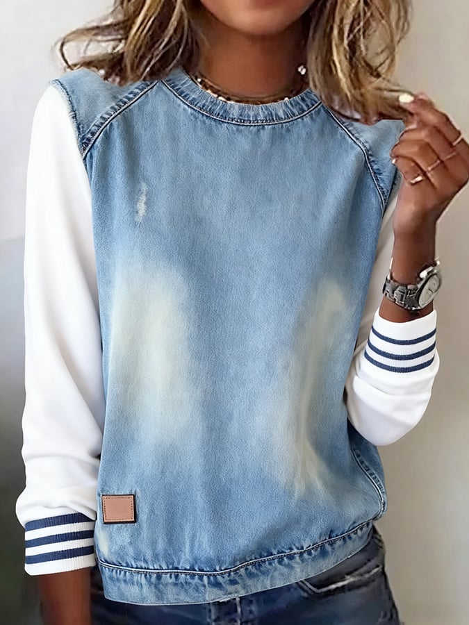 Women'S Casual Round Neck Denim Stitching Pullover Sweatshirt