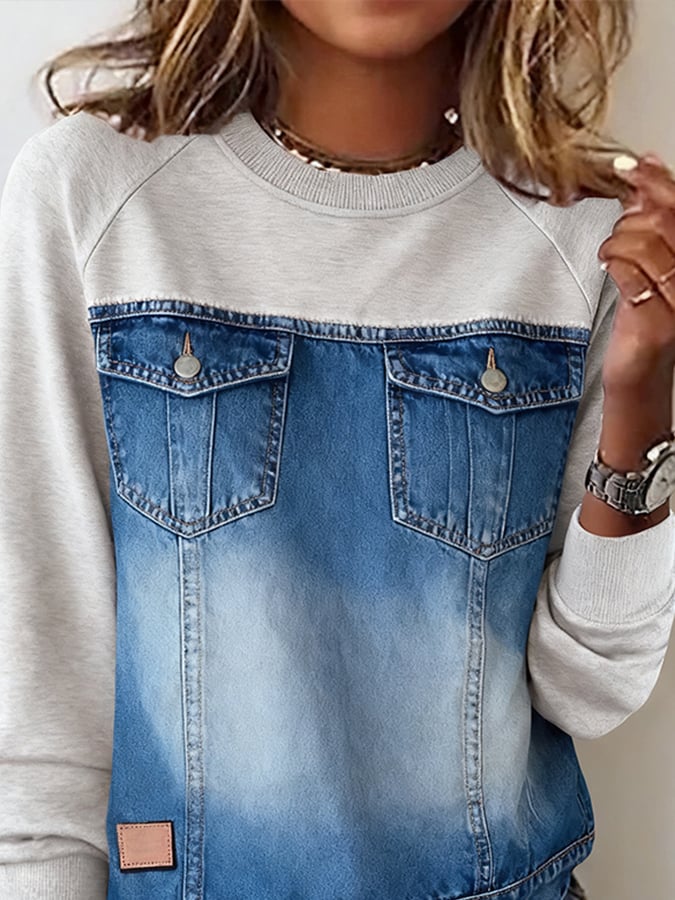 Women'S Casual Round Neck Denim Patchwork Sweatshirt