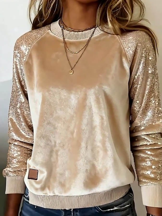 Women'S Solid Color Velvet Stitching Sequined Sweatshirt