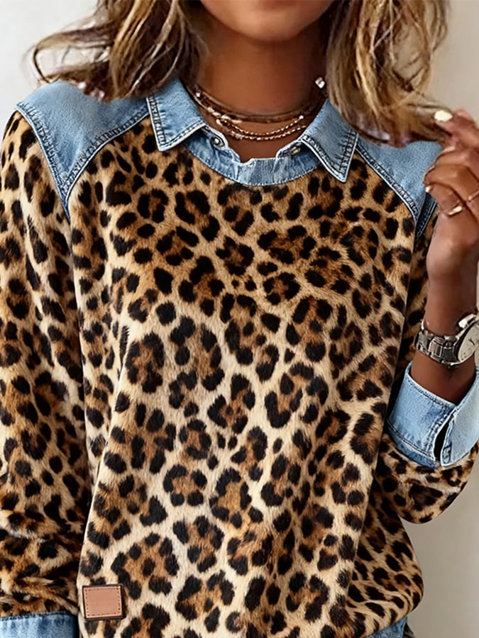 Women'S Lapel Denim And Leopard Print Sweatshirt