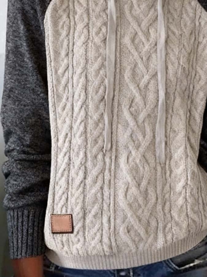 Women'S Casual Pullover Stitching Knitted Sweater Hooded Sweatshirt