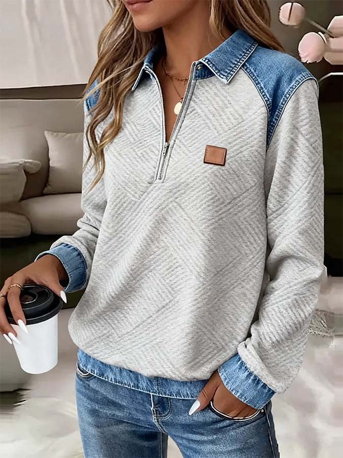 Women'S Casual Pullover Denim Stitching Zipper Sweatshirt
