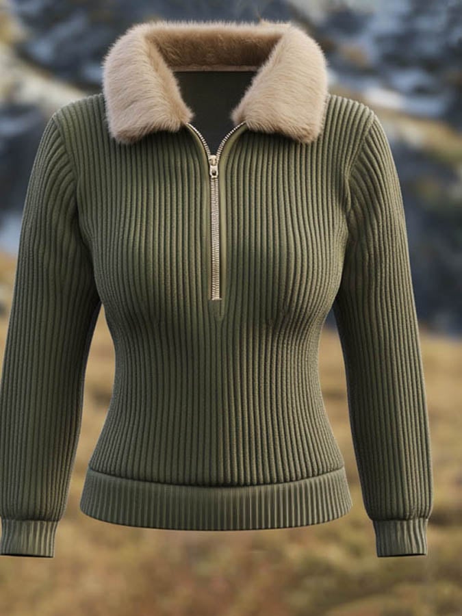 Women'S Autumn And Winter Half-Zip Splicing Fur Collar Sweatshirt