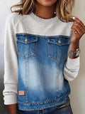 Women'S Casual Round Neck Denim Patchwork Sweatshirt