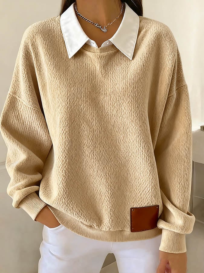 Women'S Solid Color Splicing Fake Two-Piece Sweatshirt