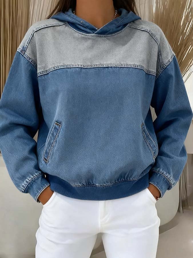 Women'S Casual Pullover Denim Patchwork Hooded Sweatshirt