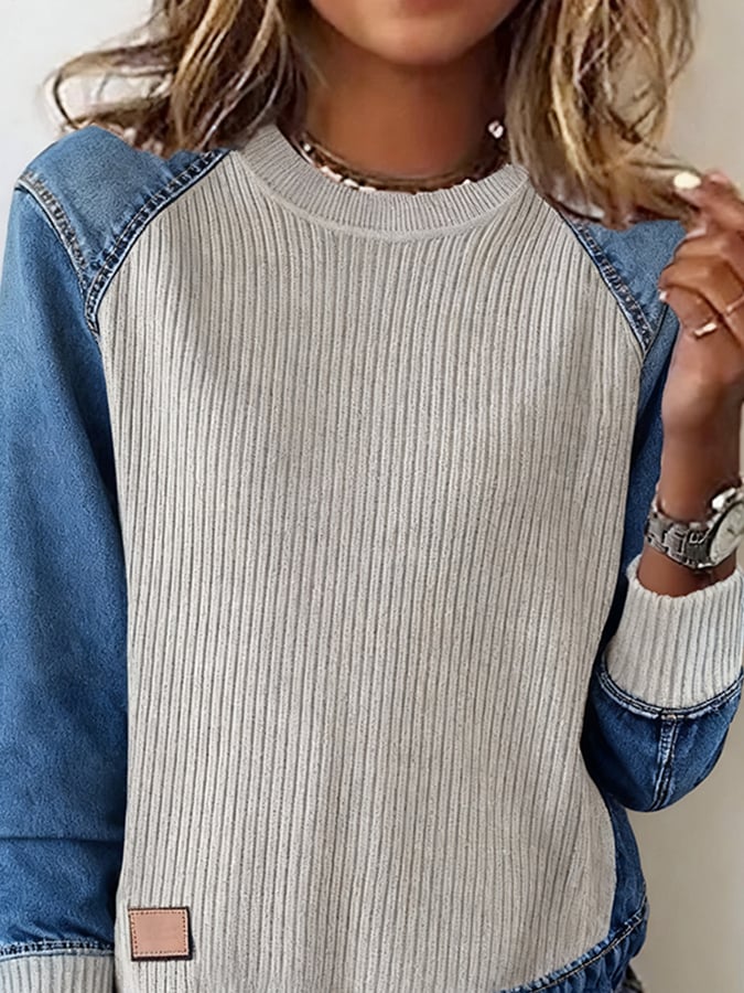 Women'S Casual Round Neck Denim Patchwork Sweatshirt