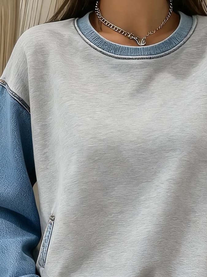 Women'S Casual Pullover Denim Sweatshirt With Pockets