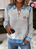 Women'S Casual Pullover Denim Stitching Zipper Sweatshirt