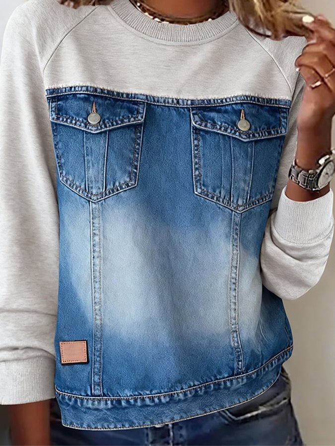 Women'S Casual Round Neck Denim Patchwork Sweatshirt