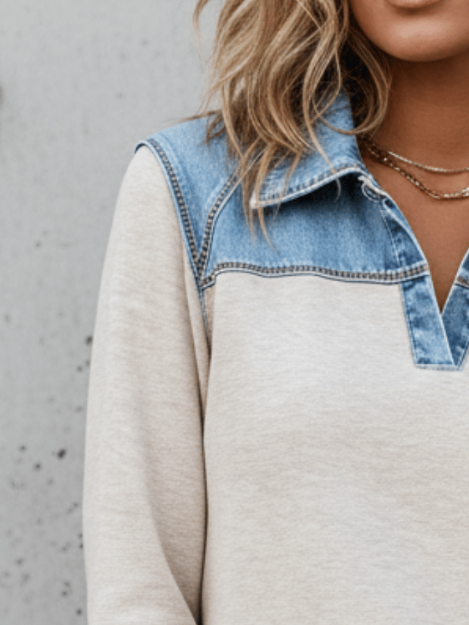 Women'S Casual Lapel Denim Stitching Pullover Sweatshirt